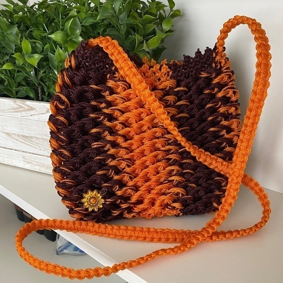 Handbags - Handmade Crocheted Purse Handbag Brown/Orange with One Floral Piece Attached Vtg
